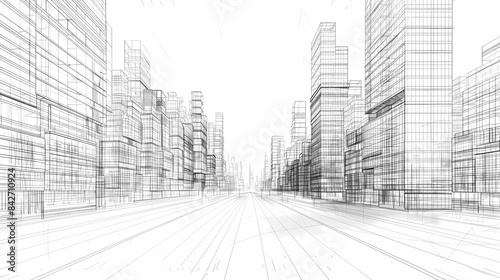 abstract modern urban landscape line drawin.3D illustration Imagination architecture building construction perspective design.