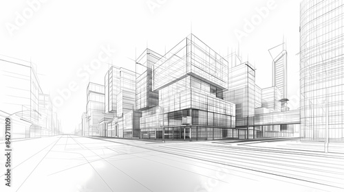 abstract modern urban landscape line drawin.3D illustration Imagination architecture building construction perspective design.