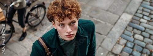 A young man with curly red hair and green eyes, wearing an emerald-colored blazer, walks down the street of Berlin in spring. His bicycle is near his shoulder. The perspective is from above.