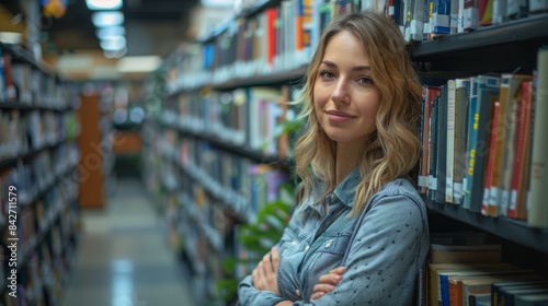 A young woman confidently stands in a library with bookshelves in the background, arms crossed