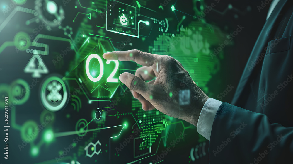 Businessman touching green CO2 icon on virtual screen for carbon neutral and climate change with clean energy concept. E pigment print Businessman touching green CO2 icon on virtual screen for carbon neutral and climate change with clean energy concept. E pigment print