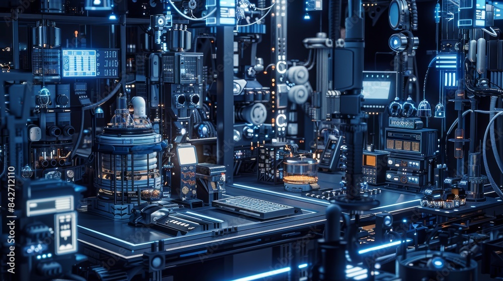 High resolution,A handmade yogurt factory with many devices and some devices in an interactive device style, dark blue and white, historical literature, craft core, made of wires, labcore, High resolution,A handmade yogurt factory with many devices and some devices in an interactive device style, dark blue and white, historical literature, craft core, made of wires, labcore,