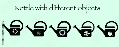 Set of glass, bottle, jar, kettle icon with flower and plant
