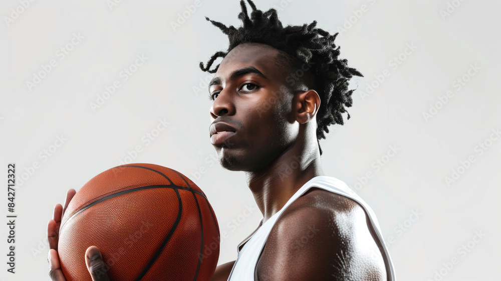 A basketball player holds a basketball A basketball player holds a basketball