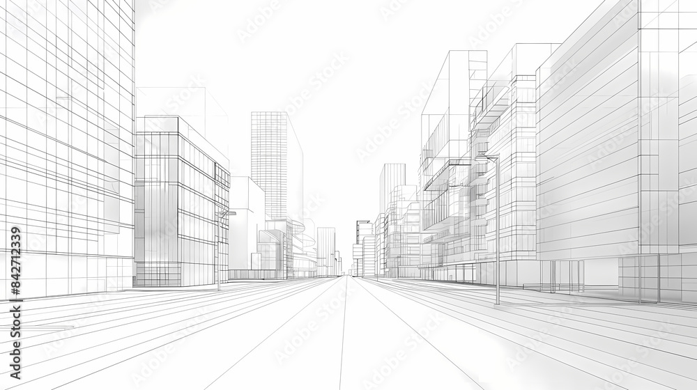 Fototapeta premium abstract modern urban landscape line drawin.3D illustration Imagination architecture building construction perspective design.