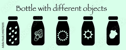 Set of glass, bottle, jar, kettle icon with flower and plant