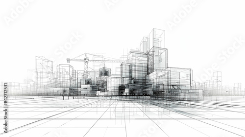 abstract modern urban landscape line drawin.3D illustration Imagination architecture building construction perspective design.