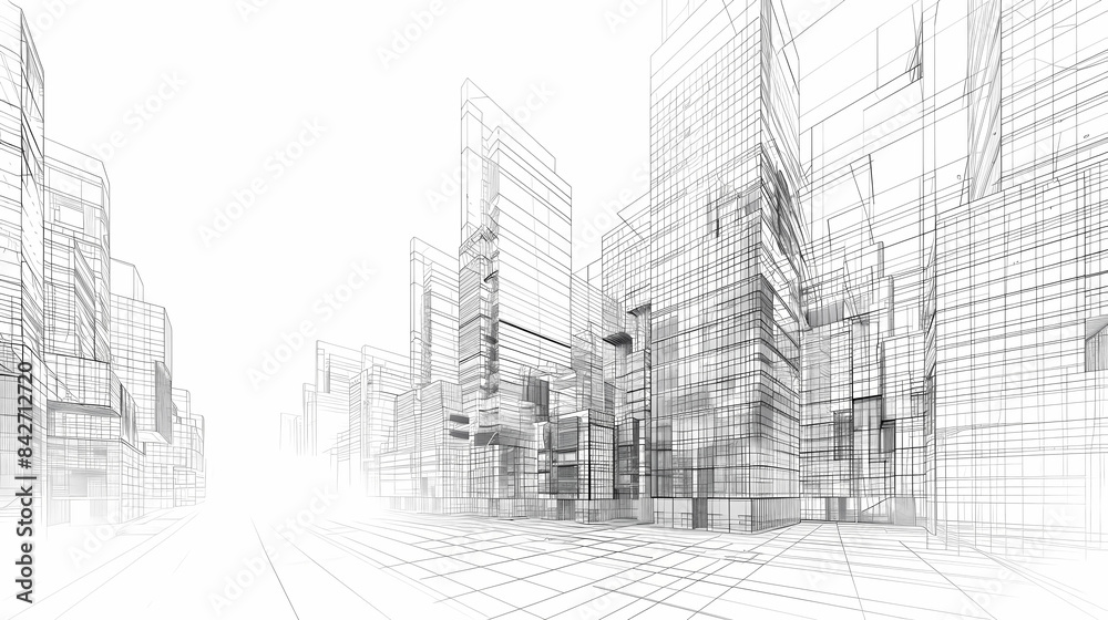 Fototapeta premium abstract modern urban landscape line drawin.3D illustration Imagination architecture building construction perspective design.