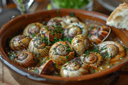 Escargots de Bourgogne A dish of Escargots de Bourgogne with snails in shells, filled with garlic parsley butter. Served in a traditional escargot plate.  © Nico
