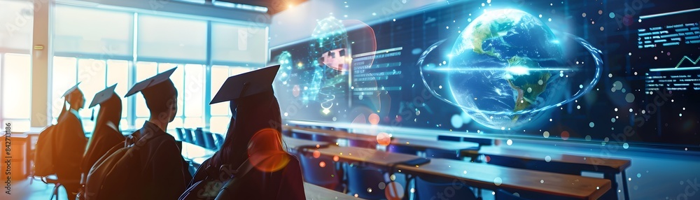 Obraz premium Futuristic Classroom with Holographic Earth Projections and Levitating Books