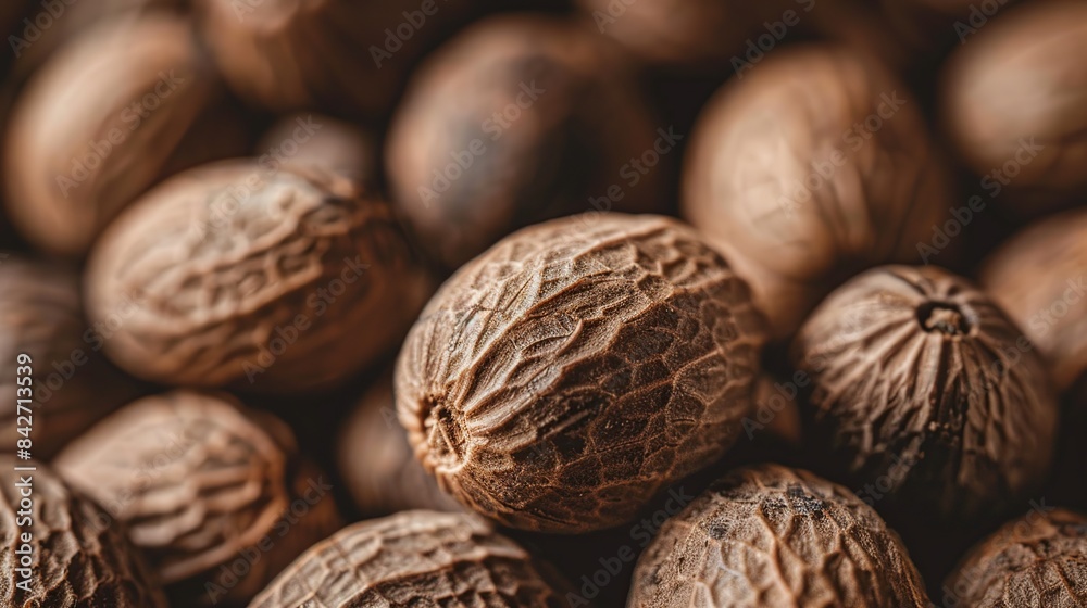 Macro shot of whole nutmeg seeds, emphasizing their rough exterior and warm, golden-brown color from a diagonal perspective Macro shot of whole nutmeg seeds, emphasizing their rough exterior and warm, golden-brown color from a diagonal perspective