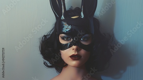 A vintage comic book style illustration of a woman wearing a black bunny mask and ears. Generative AI photo