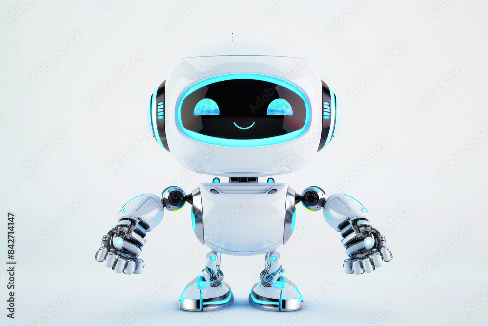 Smiling cartoon-style robot posing friendly Smiling cartoon-style robot posing friendly