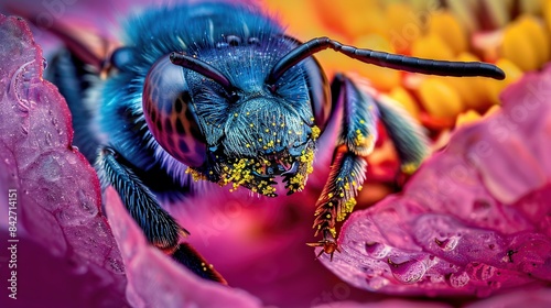 The delicate hairs on a bees legs are revealed in stunning detail under the macro lens.Generative Ai photo