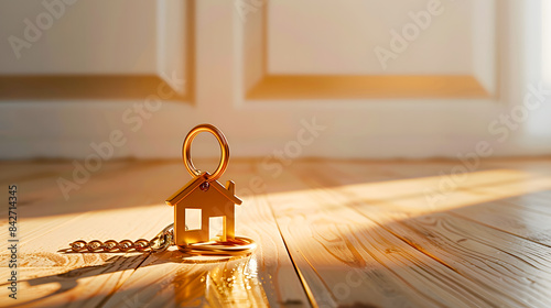 Gold key chain with golden modern house shape key holder on wooden floor and white wall background. photo