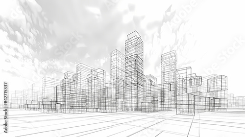 abstract modern urban landscape line drawin.3D illustration Imagination architecture building construction perspective design.
