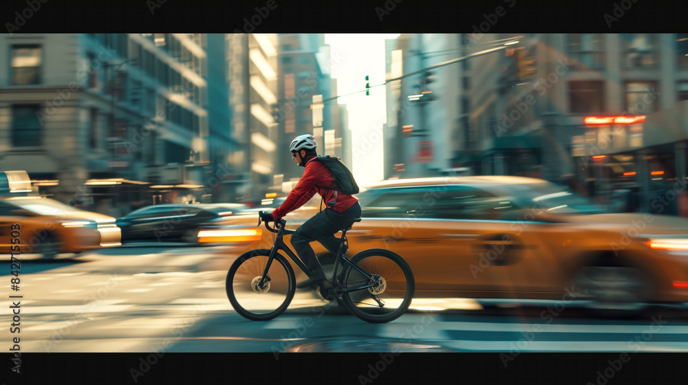 A cyclist navigates through a bustling city street