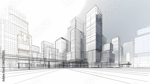 abstract modern urban landscape line drawin.3D illustration Imagination architecture building construction perspective design.