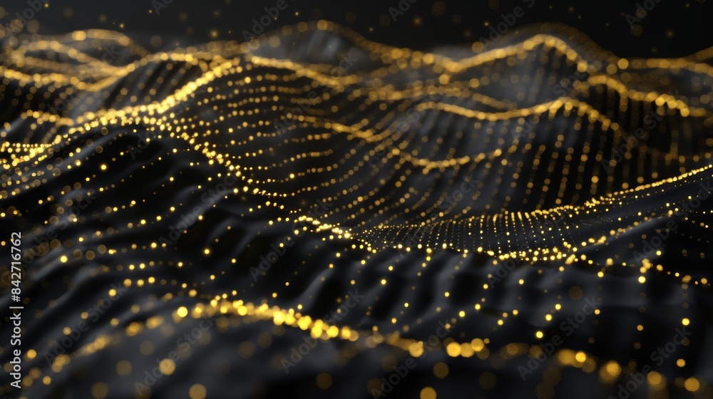 Abstract digital landscape with glowing golden dots on a black background. Futuristic representation of data and technology. AI Abstract digital landscape with glowing golden dots on a black background. Futuristic representation of data and technology. AI