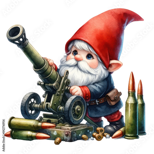 Adorable gnome with a red hat operating a cannon. Transparent background photo