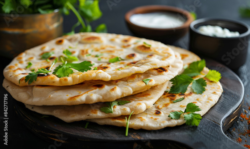 Stack of traditional naan bread on the table with a sprinkle of fresh coriander leaves and cooked in tandoor photo