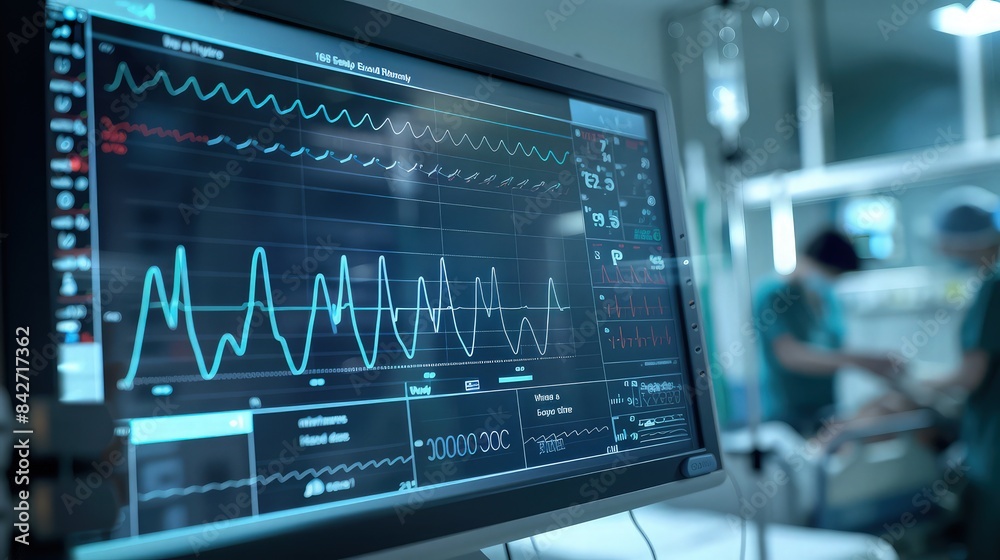 an ECG monitor in a hospital room, displaying a real-time heart rhythm of a patient, with medical professionals in the background ensuring the patient's well-being.