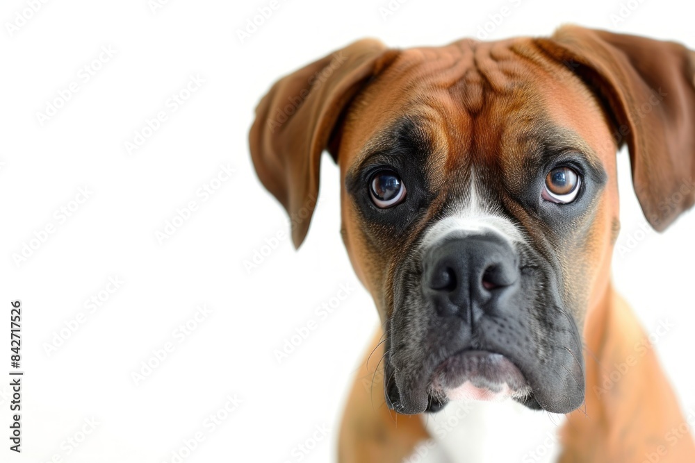 Boxer with a Gentle Expression and a Loyal Stare: A Boxer with a gentle expression and a loyal stare, reflecting its affectionate and devoted personality. photo on white isolated background