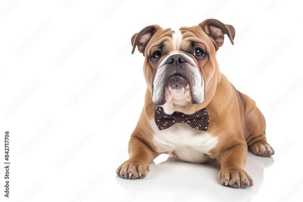 Bulldog with a Bow Tie and a Gentle Bow: A Bulldog wearing a dapper bow tie, bowing its head gently, exuding grace and charm. photo on white isolated background