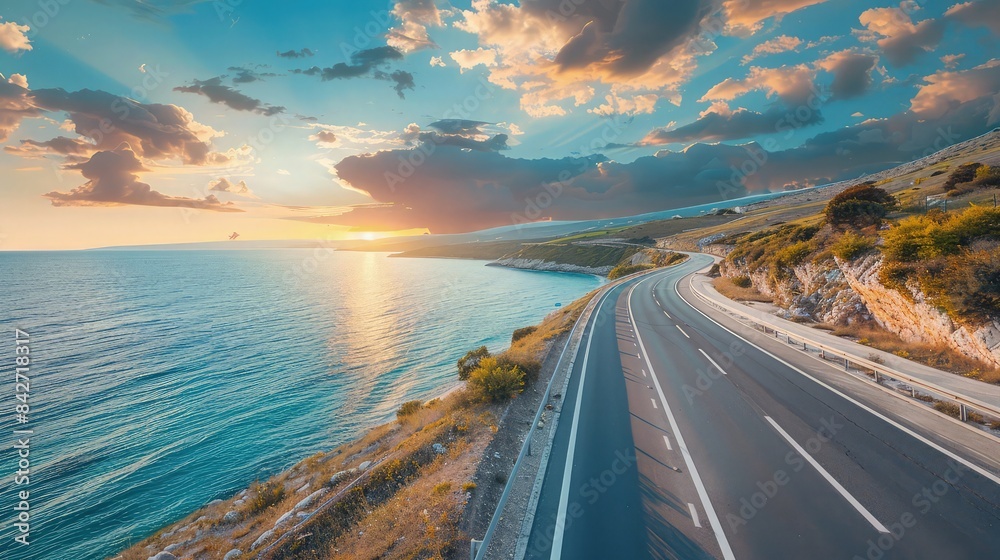 An expansive coastal highway with views of a sparkling blue ocean on one side, the road bathed in the soft, golden light of a setting sun. An expansive coastal highway with views of a sparkling blue ocean on one side, the road bathed in the soft, golden light of a setting sun.