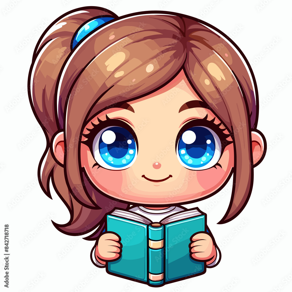 Cartoon character dark-haired girl with a book in her hands, on a white background Cartoon character dark-haired girl with a book in her hands, on a white background