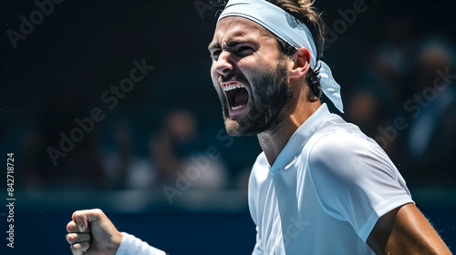 A male tennis player celebrates a victorious point