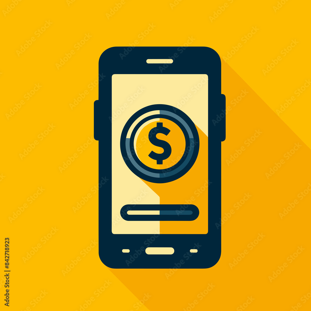 A vector style flat design illustration of a smartphone with an icon of a coin displayed on its screen A vector style flat design illustration of a smartphone with an icon of a coin displayed on its screen