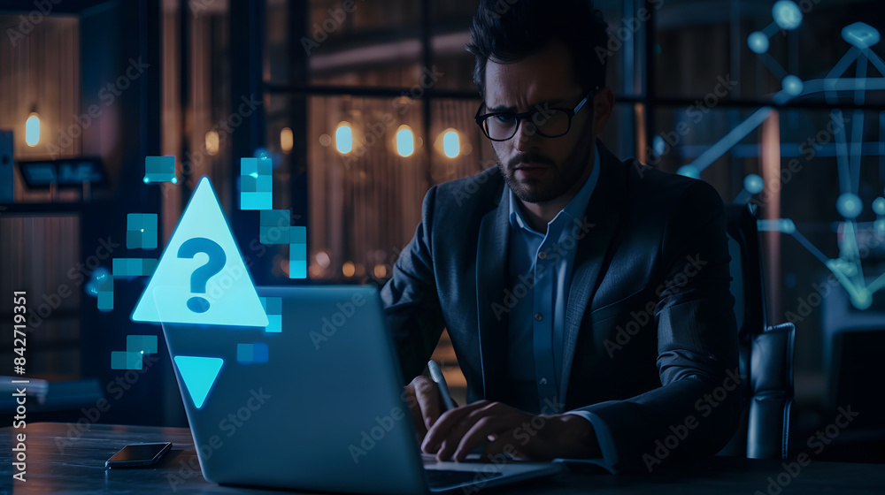 Businessman using laptop with digital hologram of exclamation mark. blue triangle icon and point sign on dark background Businessman using laptop with digital hologram of exclamation mark. blue triangle icon and point sign on dark background