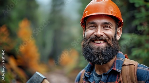 Bearded lumberjack with thick beard and axe in atmospheric misty forest ambiance photo