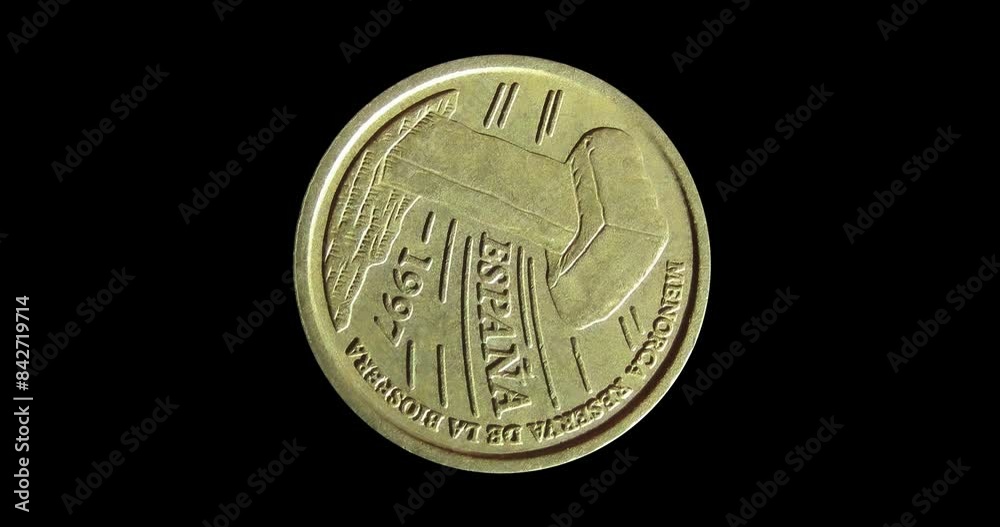 Obverse of Spain coin 5 ptas 1997, isolated in black background. Seamless animation in 4k resolution video. Obverse of Spain coin 5 ptas 1997, isolated in black background. Seamless animation in 4k resolution video.