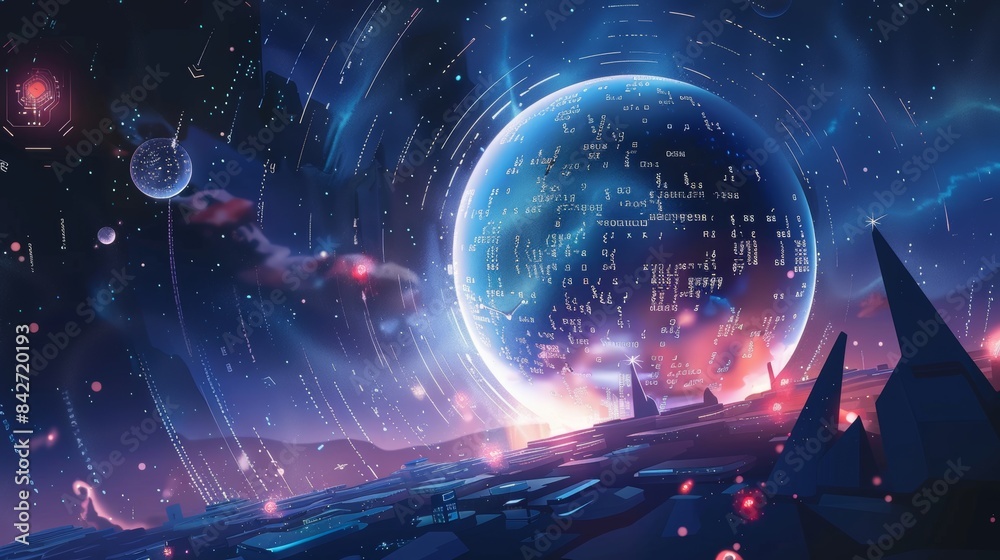 llustration of high-tech industrial world with computers, code in the air, and an infiniti symbol in the center, digital painting simple design flat shapes ::1 llustration of high-tech industrial world with computers, code in the air, and an infiniti symbol in the center, digital painting simple design flat shapes ::1