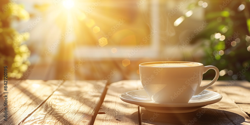 Coffee cup on wooden table with sun flare and bokeh background Coffee cup on wooden table with sun flare and bokeh background