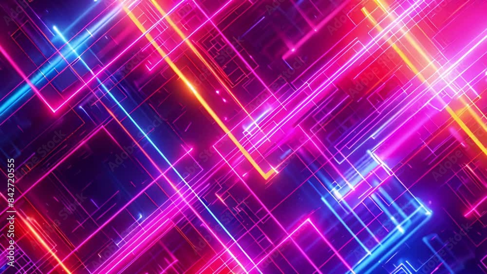 Abstract digital art featuring vibrant neon lines intersecting in a grid pattern on a dark background. Abstract digital art featuring vibrant neon lines intersecting in a grid pattern on a dark background.