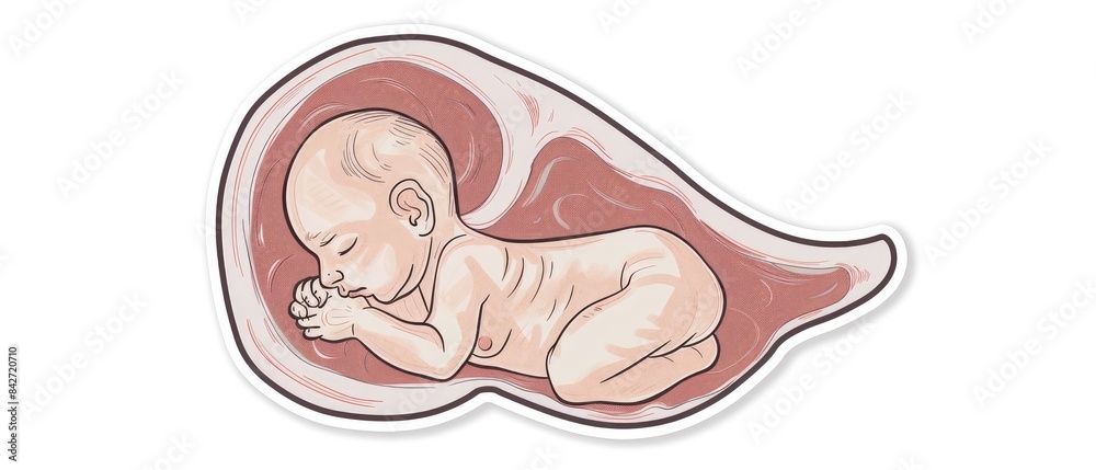 A simple and artistic sticker illustration depicting a baby curled up in a fetal position. A simple and artistic sticker illustration depicting a baby curled up in a fetal position.