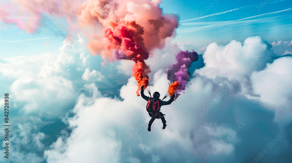 A skydiver releases a burst of colorful smoke A skydiver releases a burst of colorful smoke