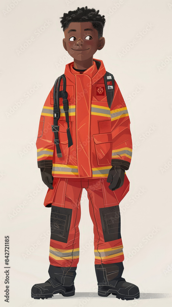 A young black boy proudly stands in a full firefighter uniform, complete with protective clothing and sturdy footwear A young black boy proudly stands in a full firefighter uniform, complete with protective clothing and sturdy footwear