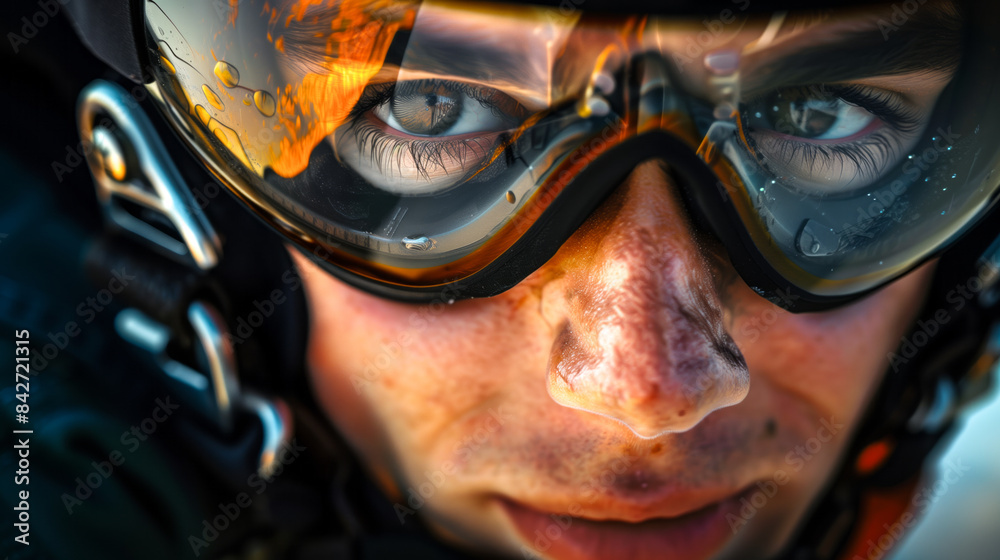 A skydiver's goggles reflect the beauty of the landscape