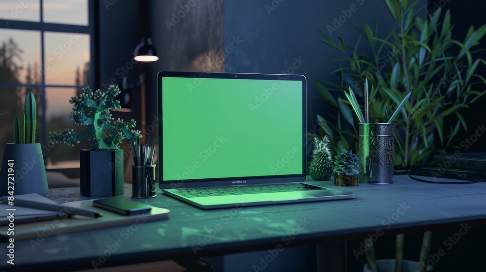 Mockup of a green screen laptop with workstation and copy space Mockup of a green screen laptop with workstation and copy space