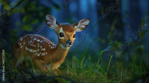 Baby deer Bambi in the grass , enchanted forest at night.