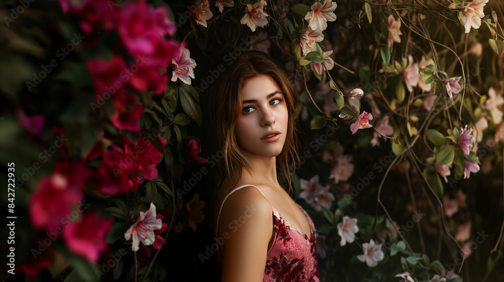 Woman in a secret garden, surrounded by exotic flowers and overgrown vines, lower third copy space Woman in a secret garden, surrounded by exotic flowers and overgrown vines, lower third copy space