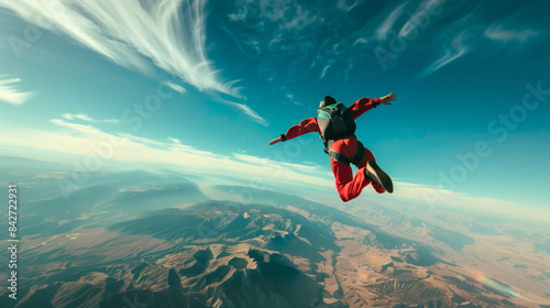 A solo skydiver performs spin as they freefall through the sky