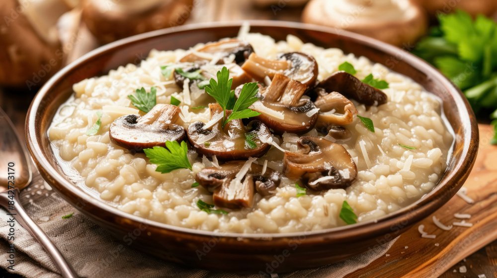 Traditional Italian Risotto ai Funghi Dish, Creamy Mushroom Risotto Made With Arborio Rice, Sautéed Mushrooms, Parmesan Cheese, Parsley Traditional Italian Risotto ai Funghi Dish, Creamy Mushroom Risotto Made With Arborio Rice, Sautéed Mushrooms, Parmesan Cheese, Parsley