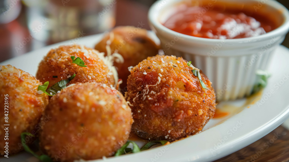 Traditional Italian Arancini Dish, Golden-fried Rice Balls Stuffed With Cheese And Meat Ragu, Served With A Side Of Marinara Sauce.
