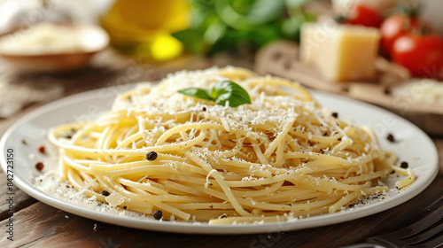 Traditional Italian Cacio e Pepe Dish, Spaghetti With A Simple Yet Rich Sauce Made From Pecorino Romano Cheese And Ground Black Pepper photo
