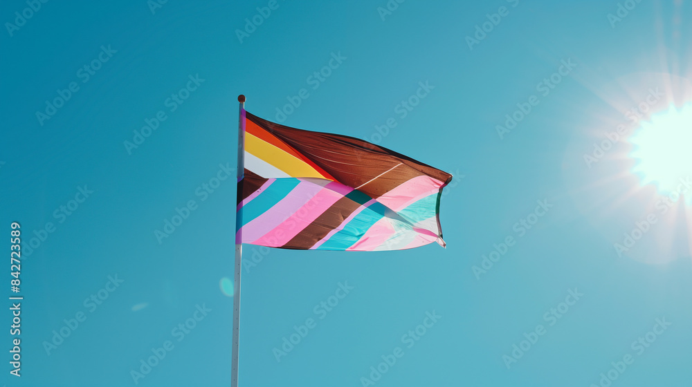 Pride Progress Flag Waving Against Clear Blue Sky Pride Progress Flag Waving Against Clear Blue Sky